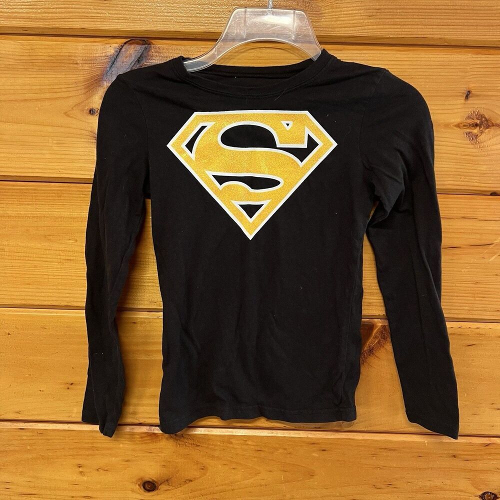 Girls Superman Supergirl Costume Shirt Black Gold Glitter Logo Long Sleeve L